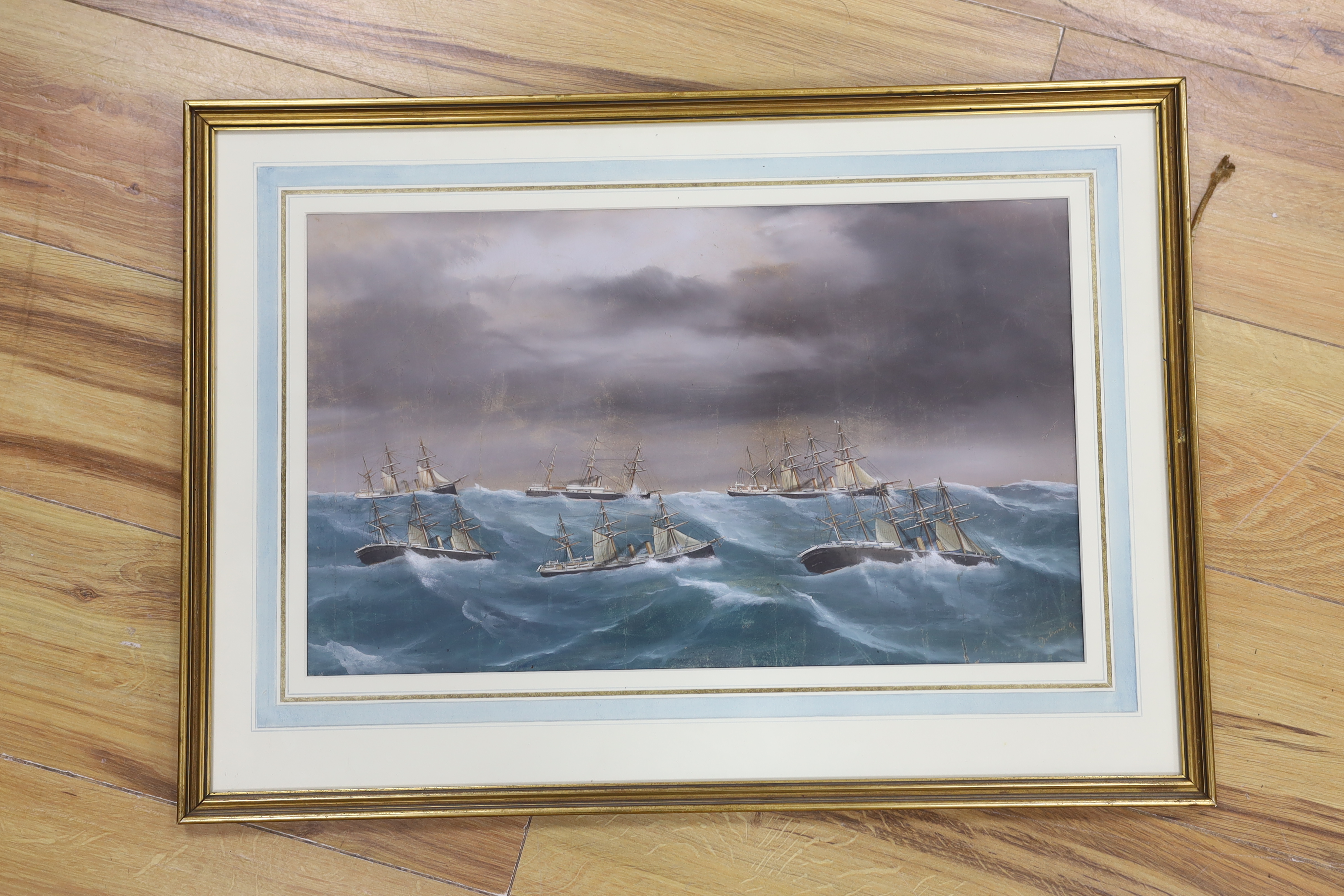 19th century, heightened gouache, Steamships, indistinctly signed, 28 x 48cm